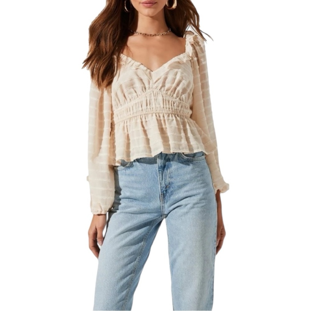 ASTR The Label Cream Long Sleeve Peplum Blouse XL V-Neck Ruffle Trim Boho Top